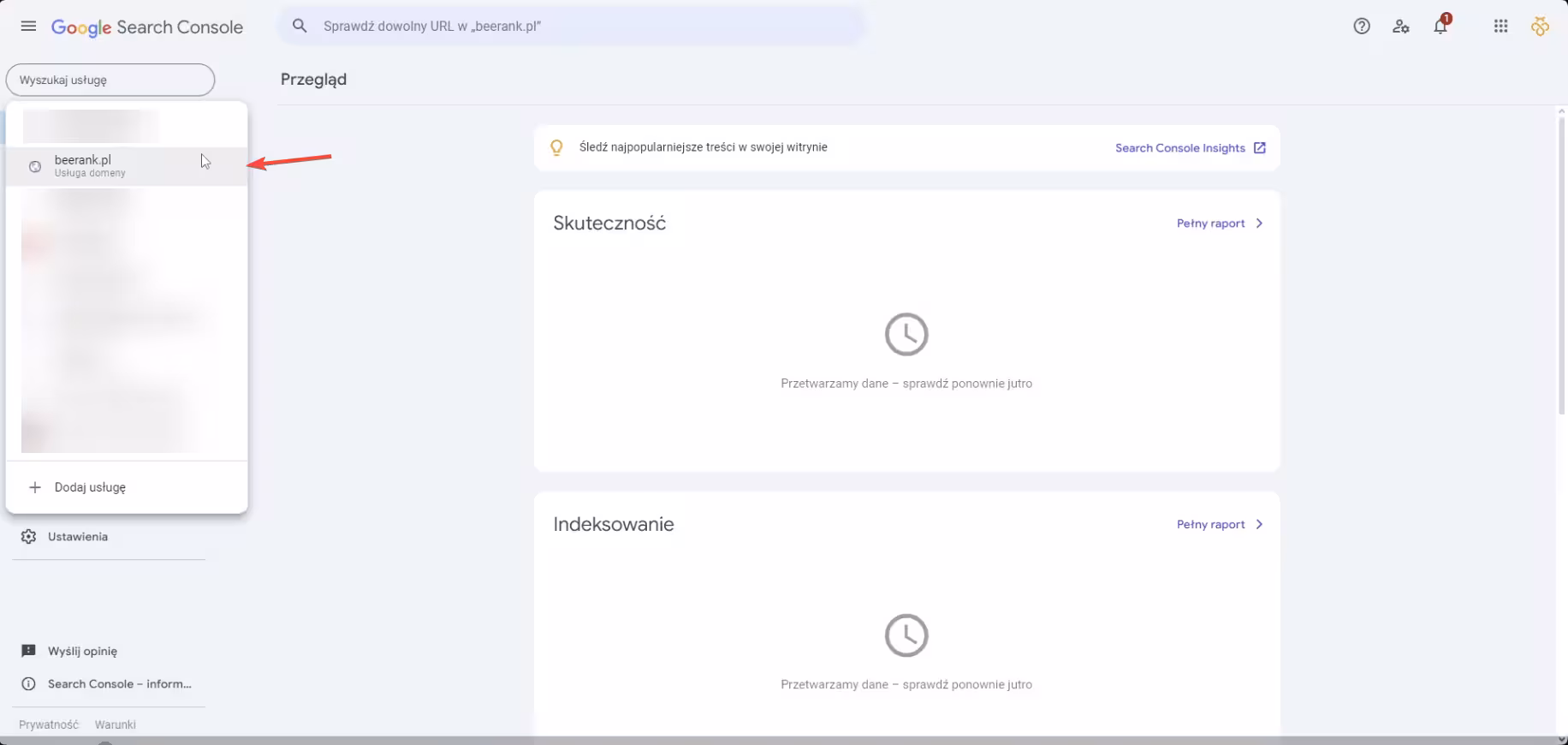 1 google search console - wybór konta