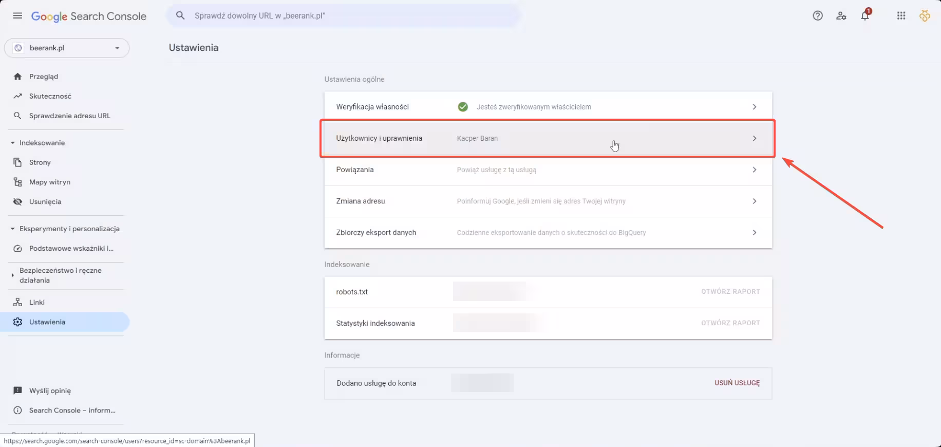 3 google search console - użytkownicy i uprawnienia