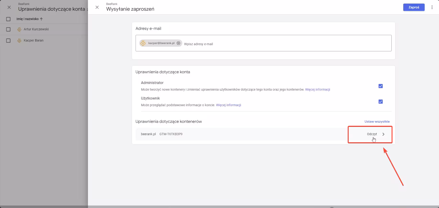 8 google tag manager - wybór dostępów